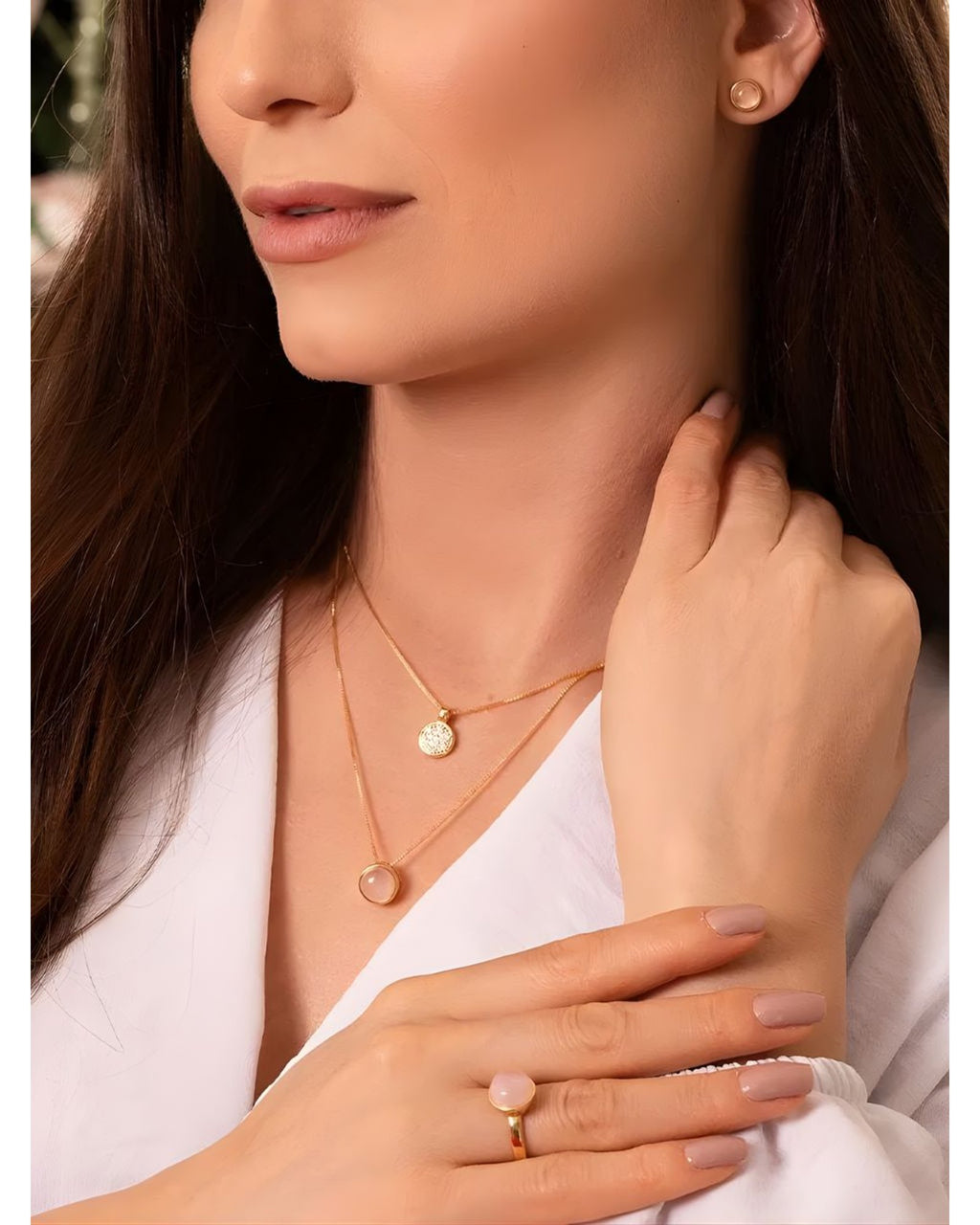 Conjunto Brinco e Colar Duplo QUARTZO ROSA Ouro Semijoia