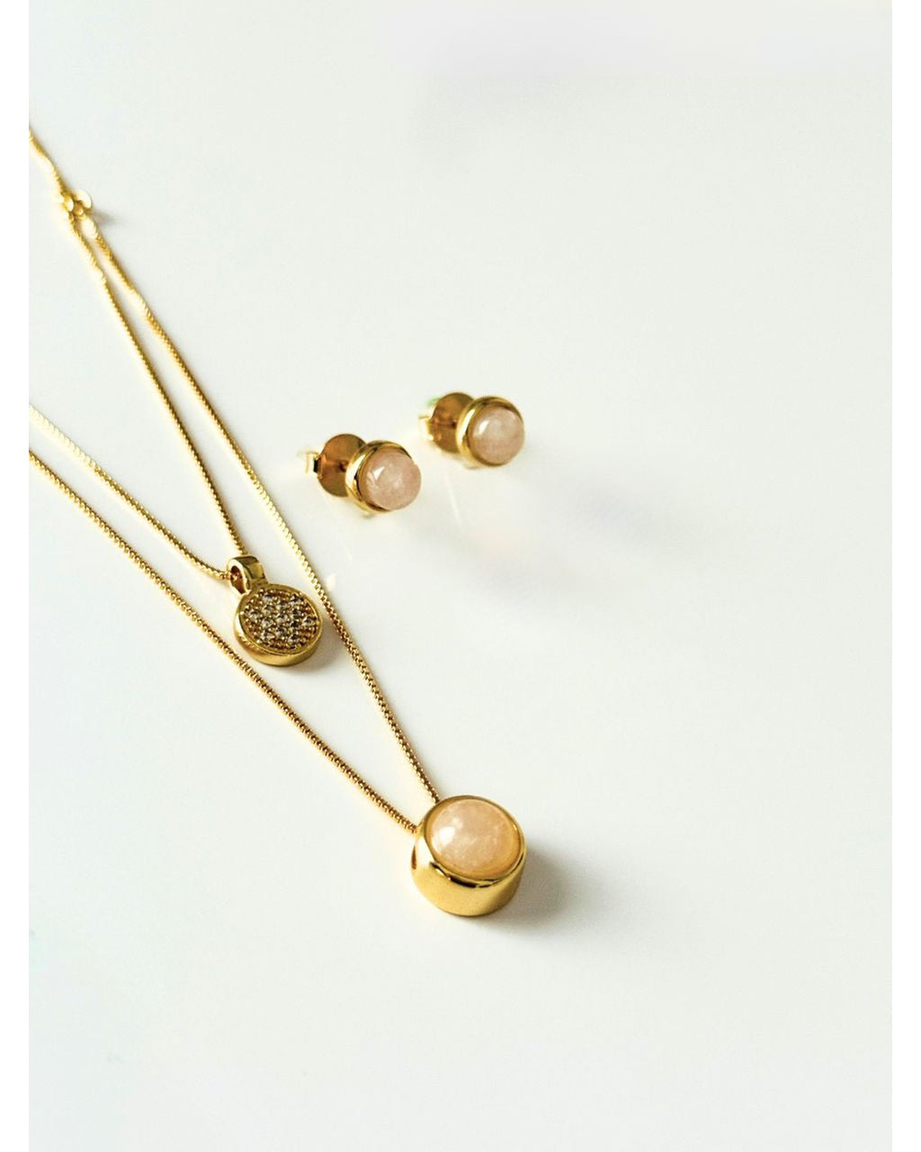Conjunto Brinco e Colar Duplo QUARTZO ROSA Ouro Semijoia
