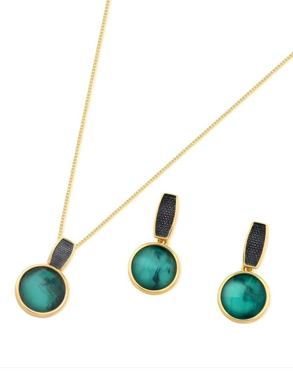Conjunto Colar e Brinco redondo ESMERALDA Ouro Semijoia