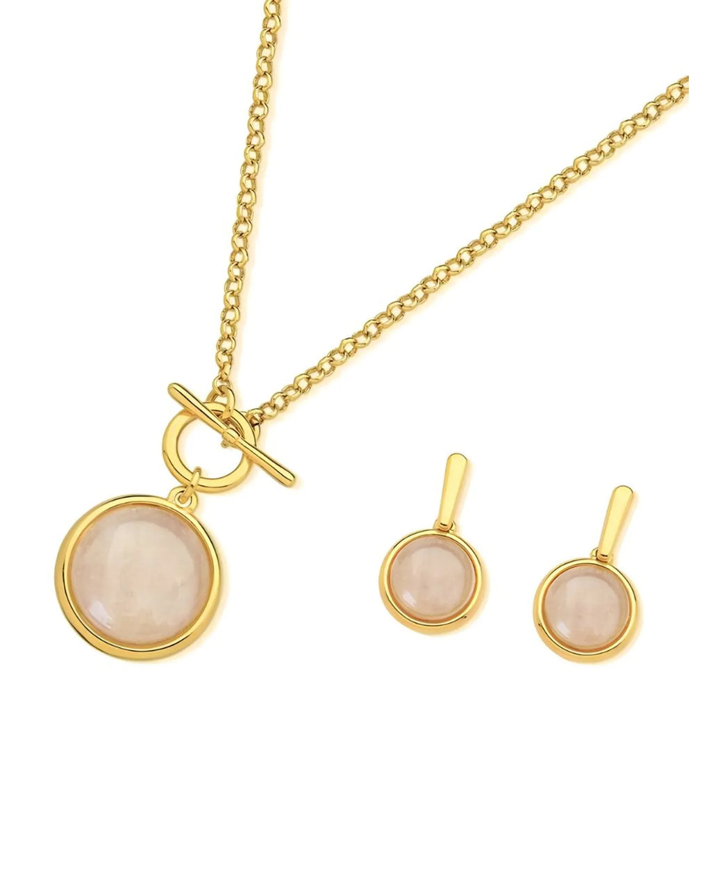 Conjunto colar e brinco Redondo Quartzo Rosa Perolada Ouro Semijoia