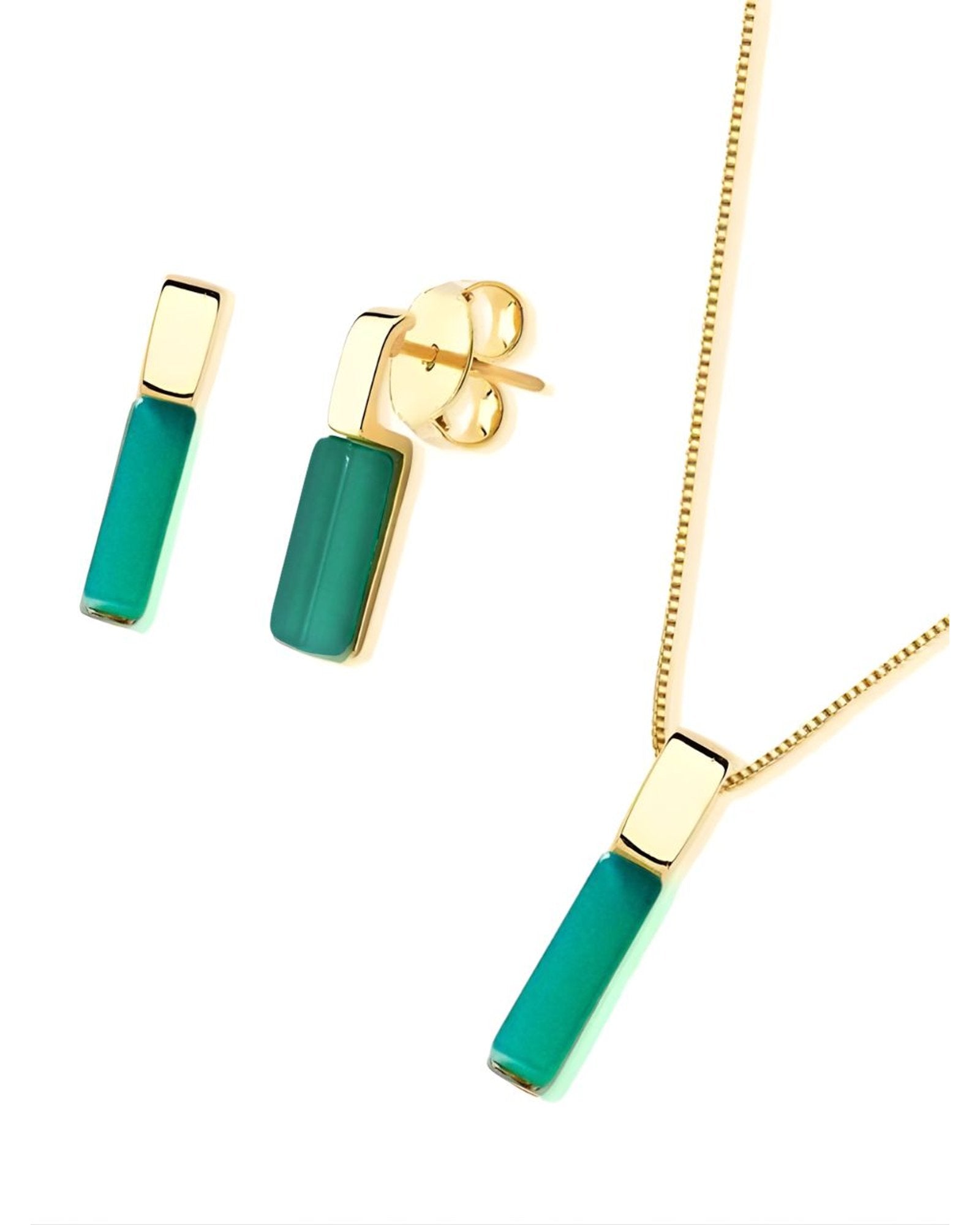Conjunto Colar e Brinco Geométrico Ágata Verde Semijoia
