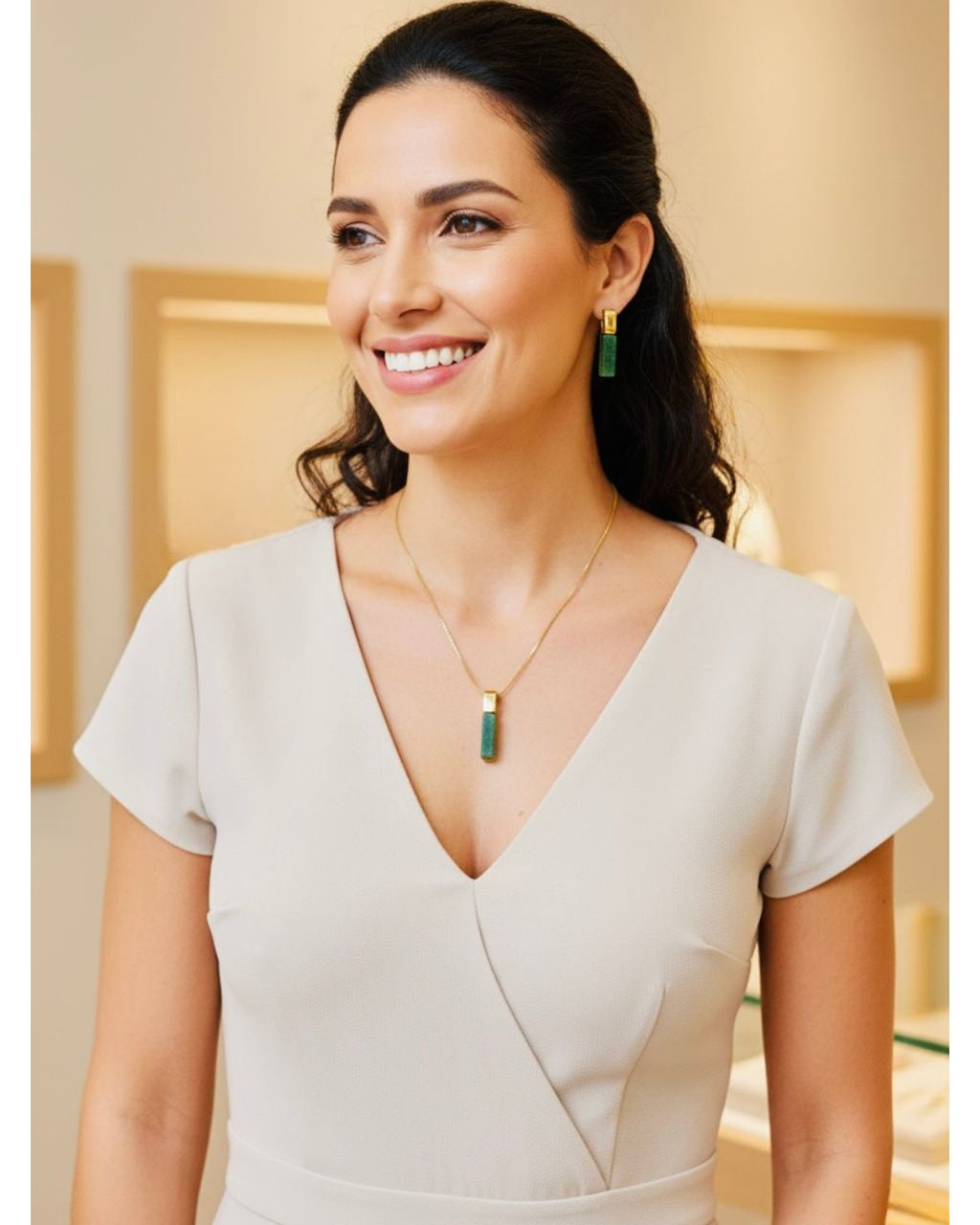 Conjunto Colar e Brinco Geométrico Quartzo Verde Semijoia