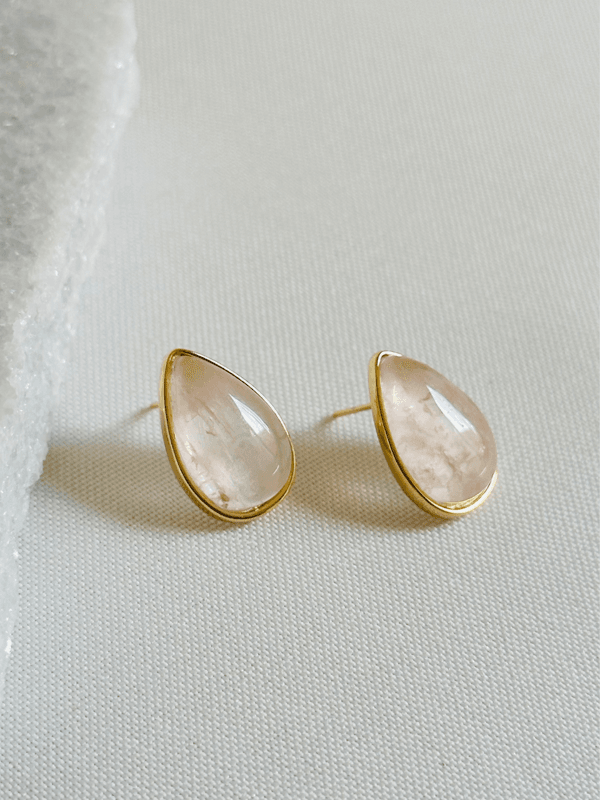 Brinco Gota Quartzo Rosa Ouro Semijoia