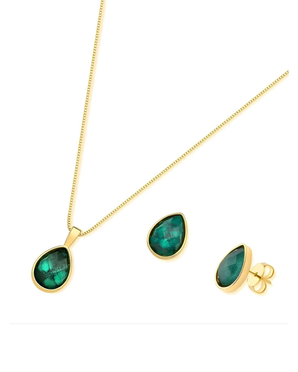 Conjunto Colar e Brinco Gota Esmeralda Ouro Semijoia