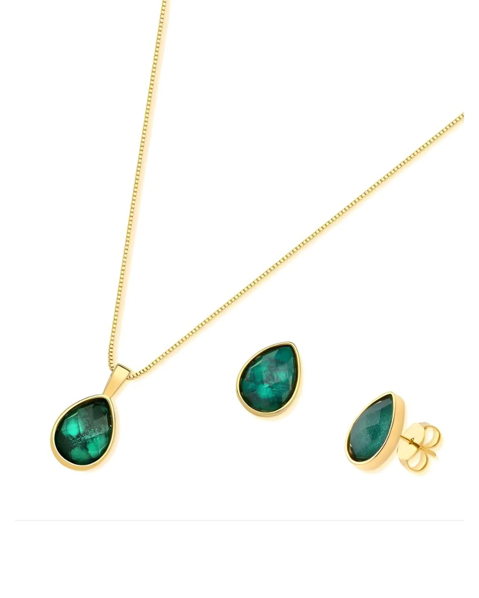 Conjunto Colar e Brinco Gota Esmeralda Ouro Semijoia