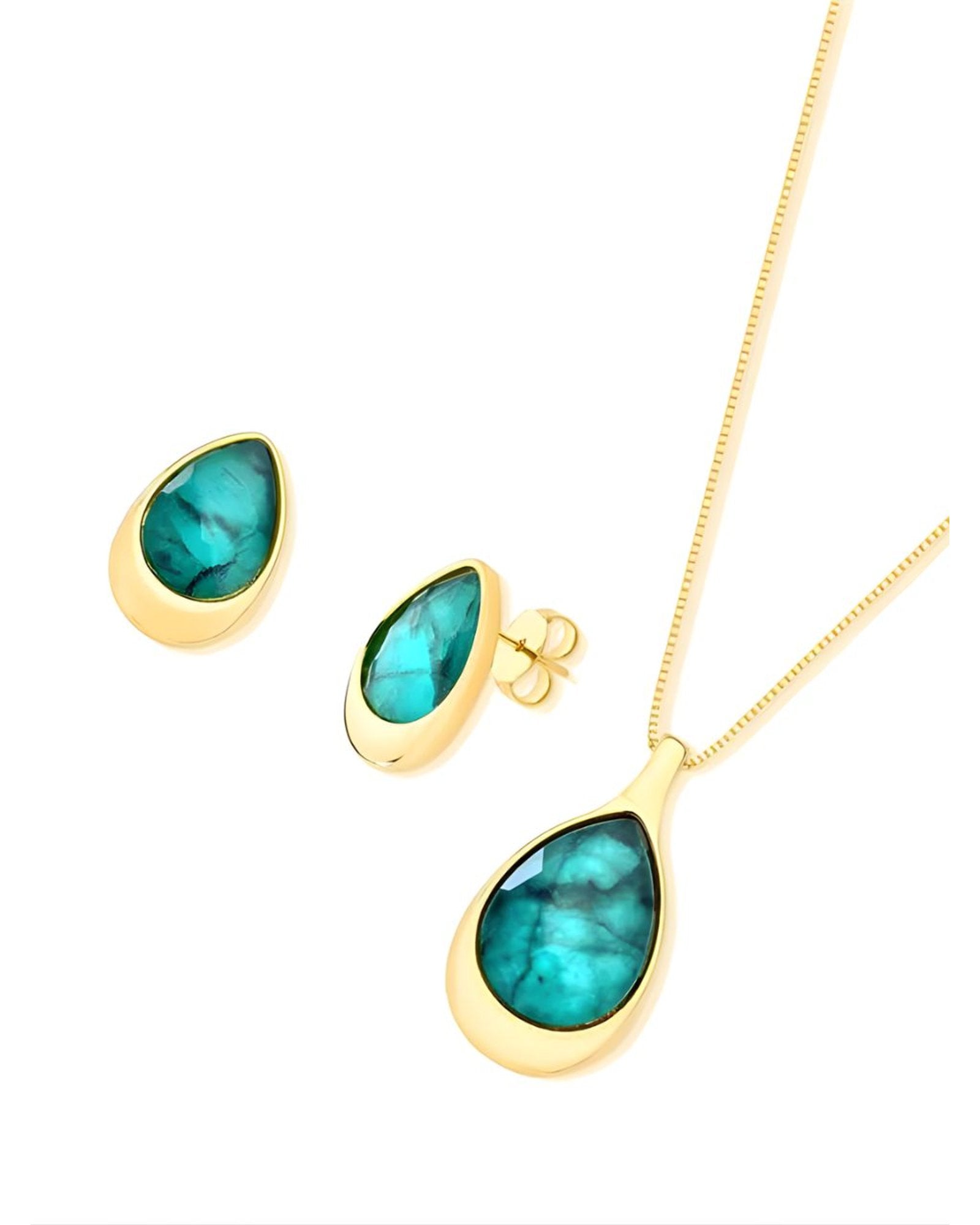 Conjunto Colar e Brinco Gota Esmeralda Ouro Semijoia