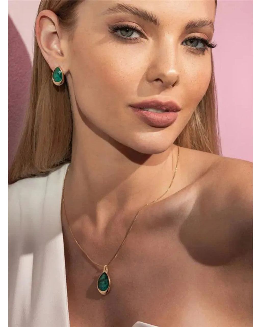 Conjunto Colar e Brinco Gota Esmeralda Ouro Semijoia