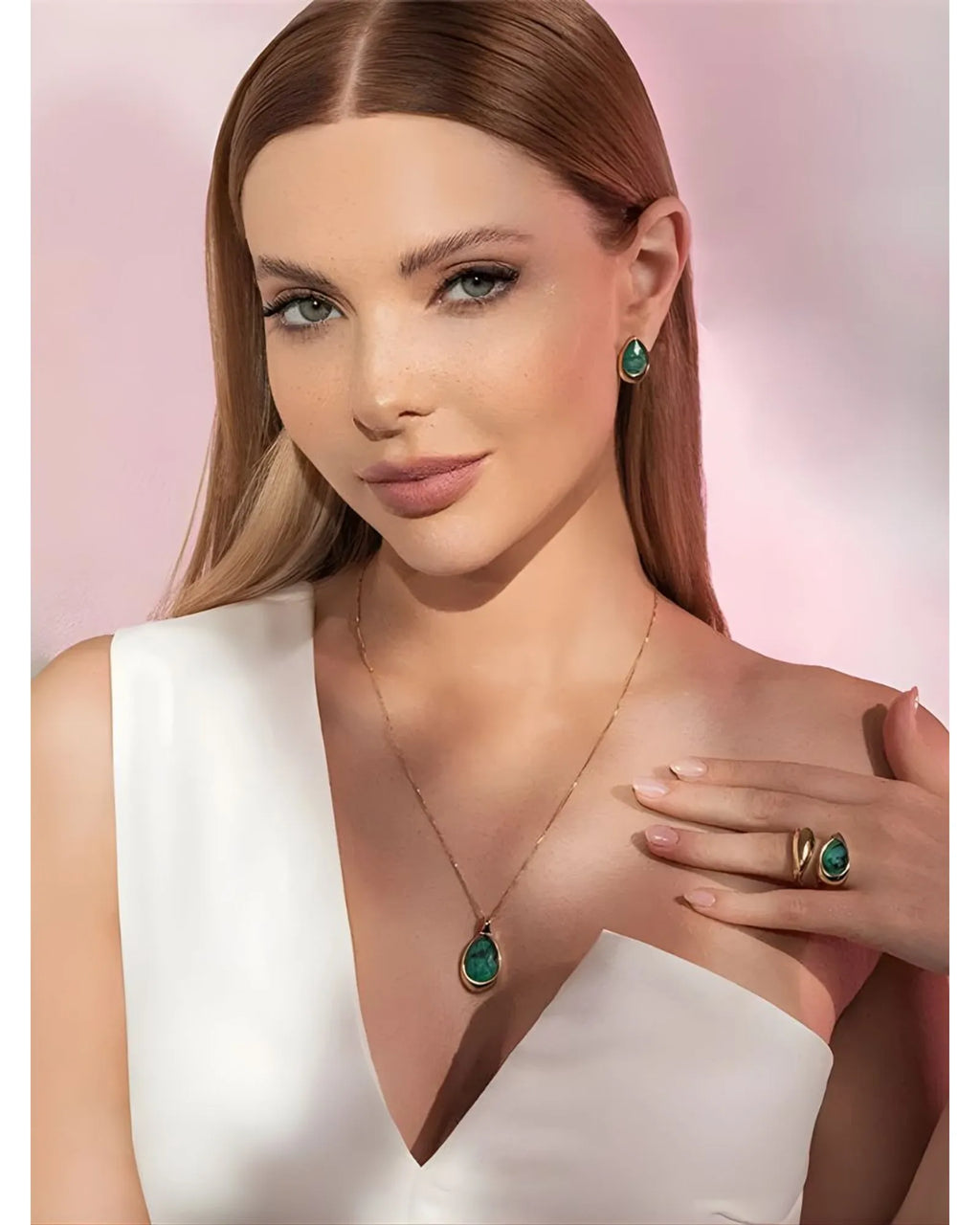 Conjunto Colar e Brinco Gota Esmeralda Ouro Semijoia