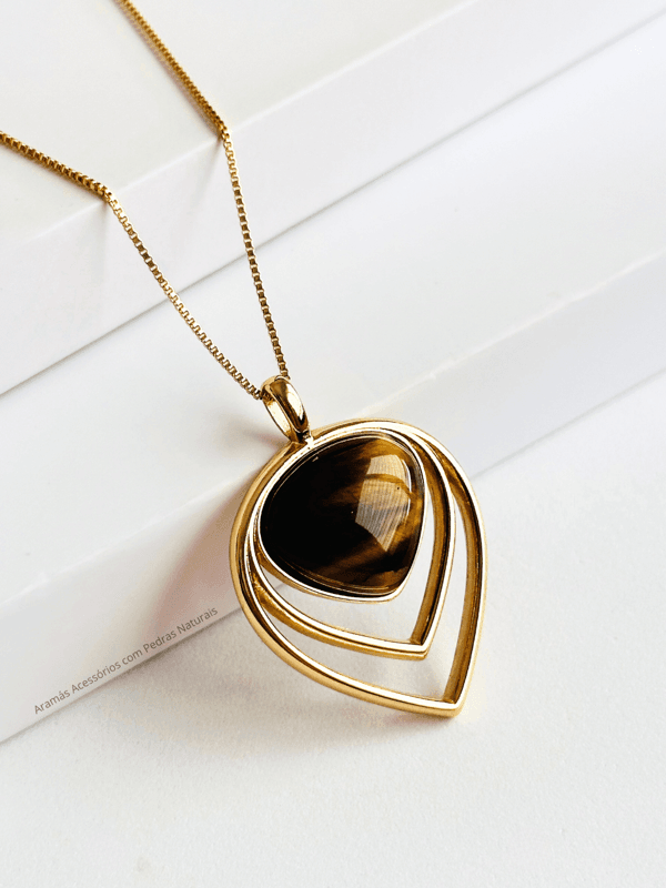 Conjunto Colar e Brinco Gota Invertida Olho de Tigre