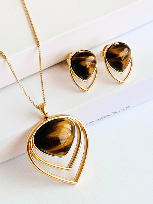 Conjunto Colar e Brinco Gota Invertida Olho de Tigre