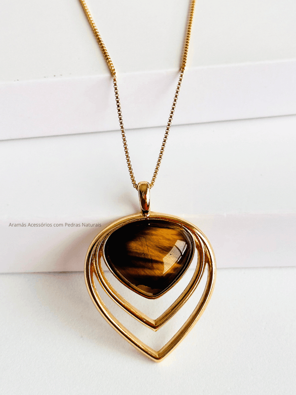 Conjunto Colar e Brinco Gota Invertida Olho de Tigre