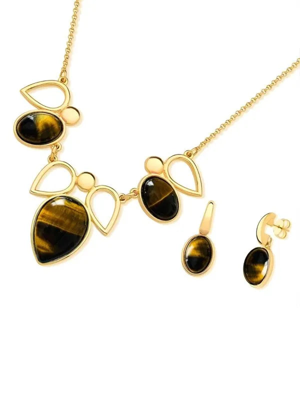 Conjunto Colar e Brinco Gota Invertida Olho de Tigre Semijoia