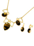 Conjunto Colar e Brinco Gota Invertida Olho de Tigre Semijoia