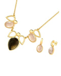 Conjunto Colar e Brinco Gota Invertida Quartzo Rosa e Obsidiana Fumê Ouro Semijoia