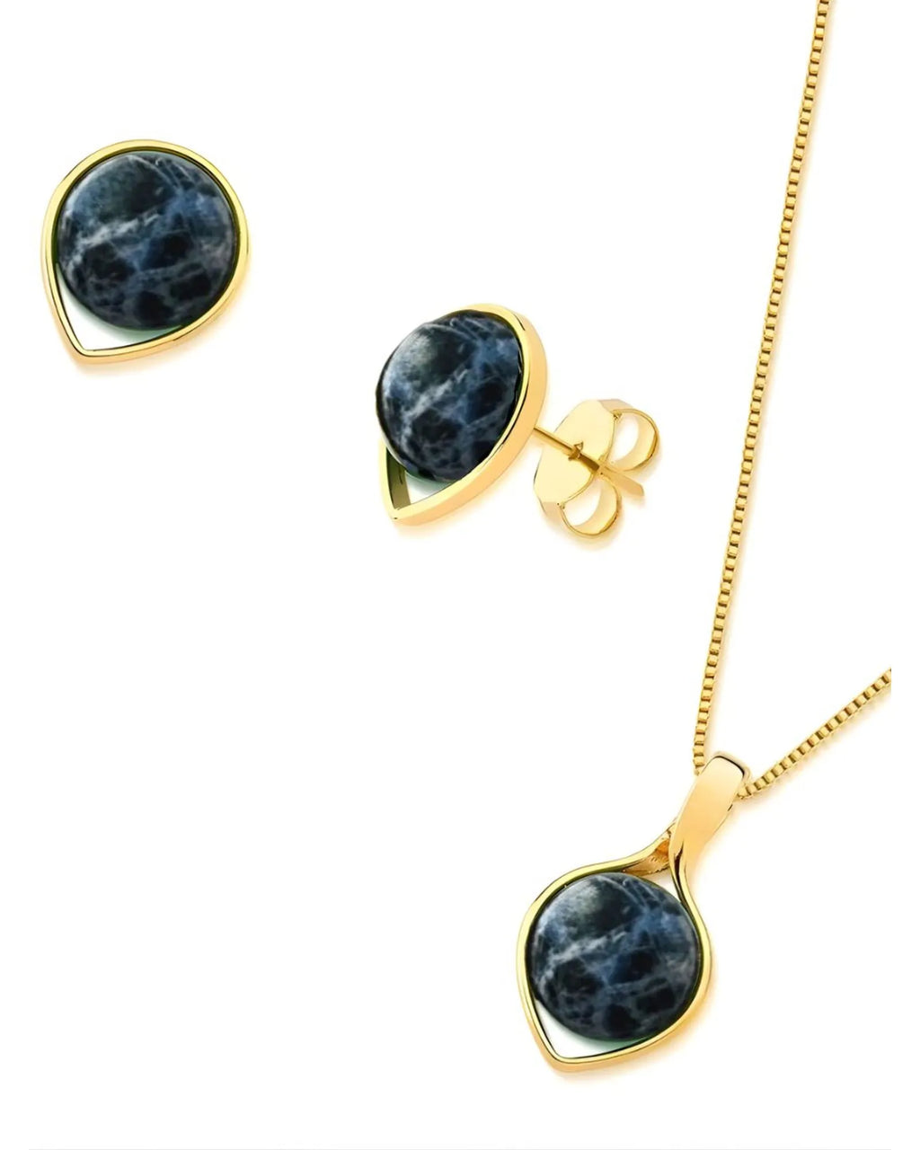 Conjunto Colar e Brinco Gota Invertida SODALITA Ouro semijoia