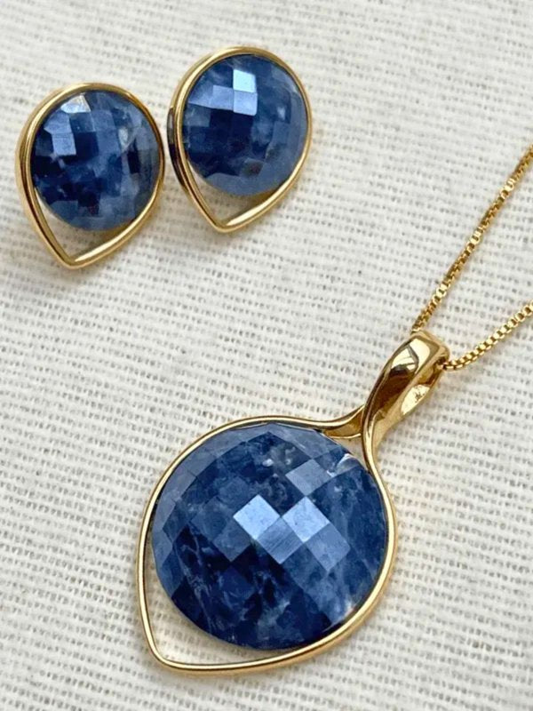 Conjunto Colar e Brinco Perolada Gota Invertida Sodalita Semijoia