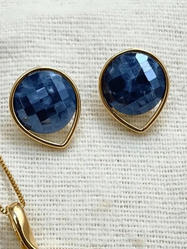 Conjunto Colar e Brinco Perolada Gota Invertida Sodalita Semijoia