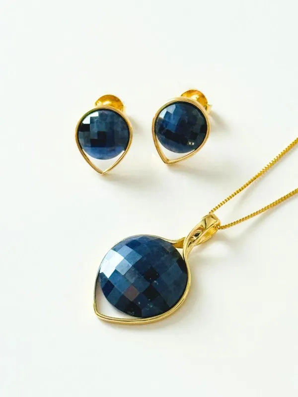 Conjunto Colar e Brinco Perolada Gota Invertida Sodalita Semijoia