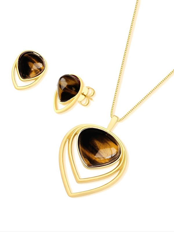 Conjunto Colar e Brinco Gota Invertida Olho de Tigre