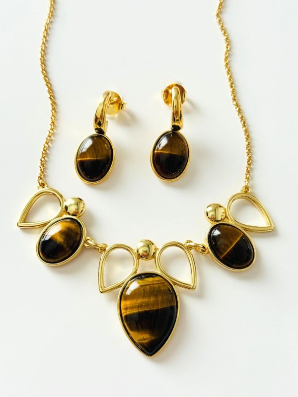 Conjunto Colar e Brinco Gota Invertida Olho de Tigre Semijoia