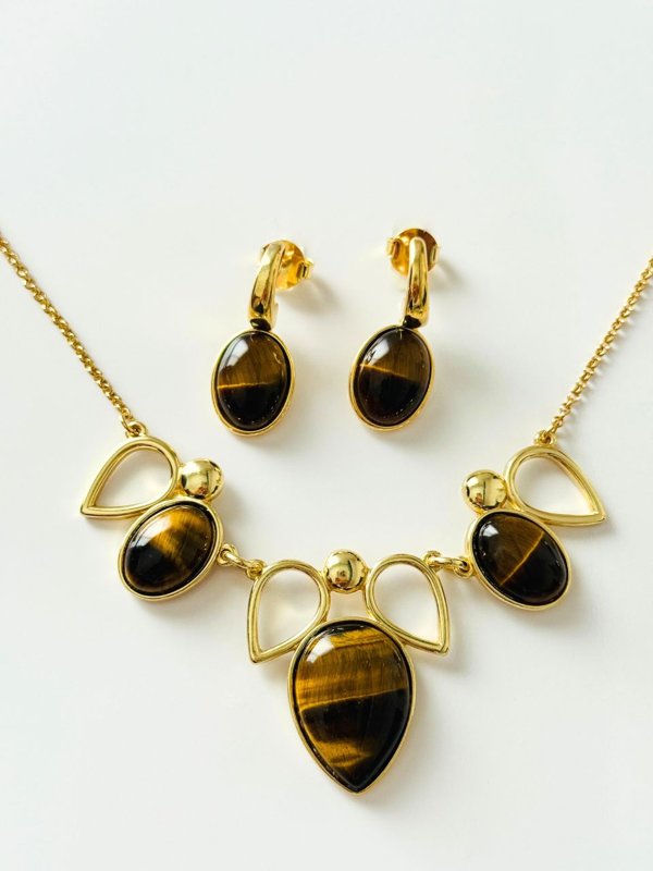 Conjunto Colar e Brinco Gota Invertida Olho de Tigre Semijoia