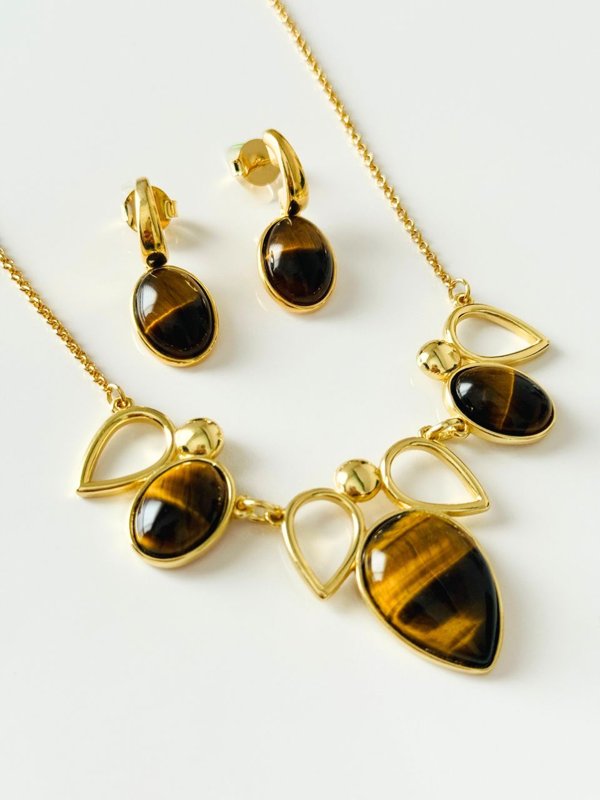 Conjunto Colar e Brinco Gota Invertida Olho de Tigre Semijoia