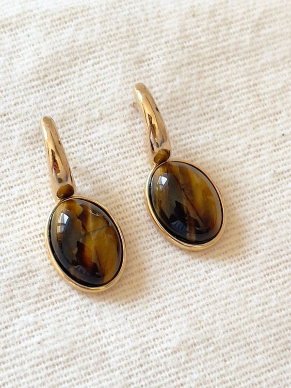 Conjunto Colar e Brinco Gota Invertida Olho de Tigre Semijoia