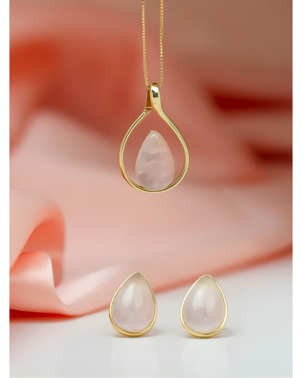 Conjunto colar e brinco Gota vazado Quartzo Rosa Semijoia