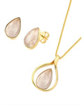 Conjunto colar e brinco Gota vazado Quartzo Rosa Semijoia