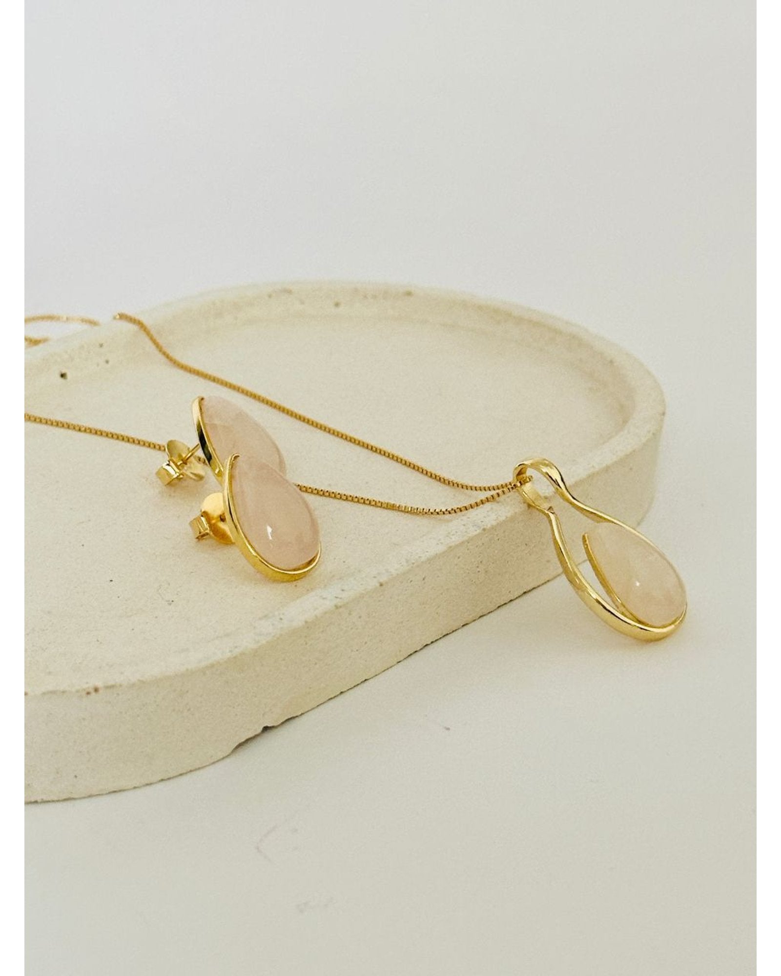 Conjunto colar e brinco Gota vazado Quartzo Rosa Semijoia