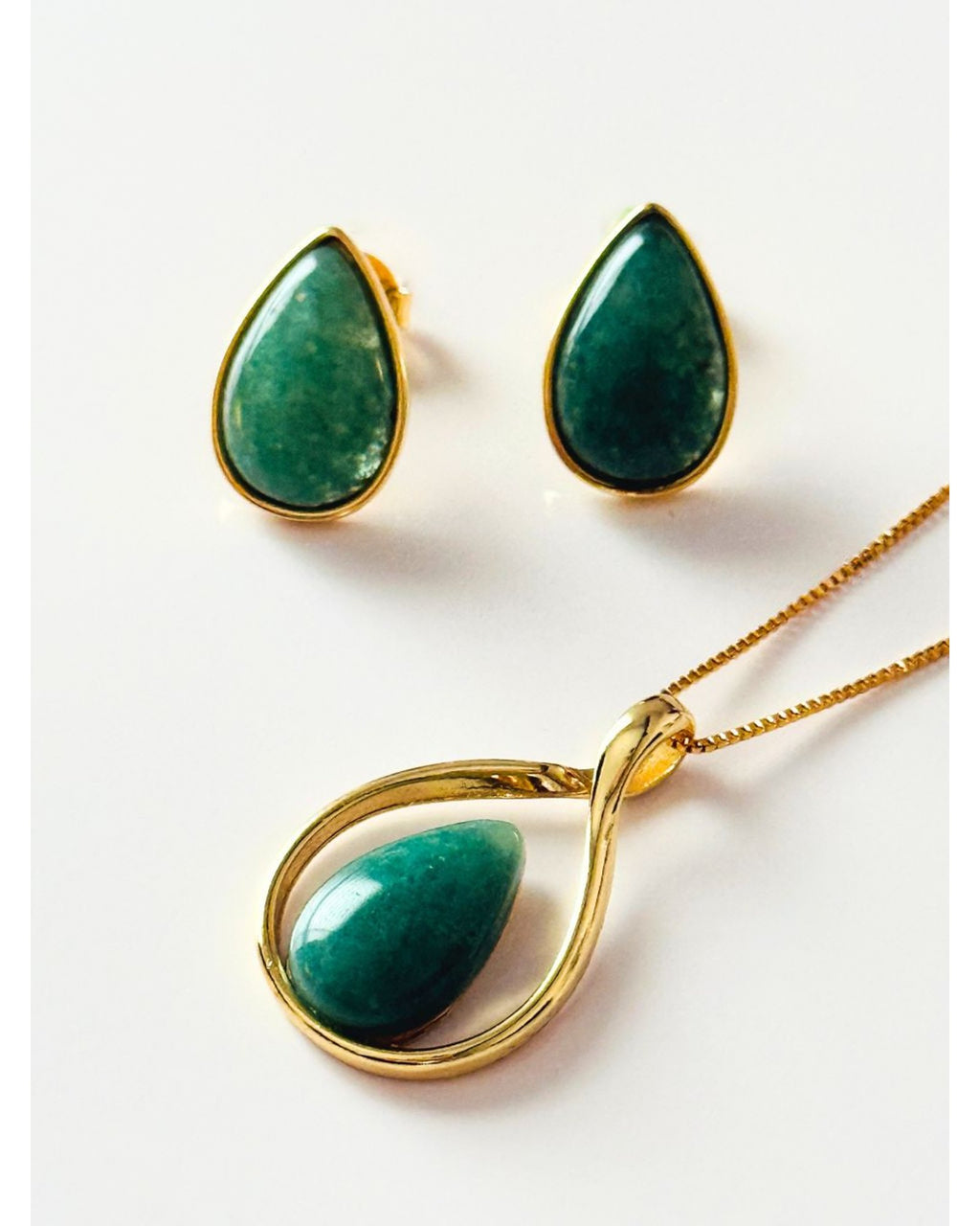 Conjunto colar e brinco Gota vazado Quartzo Verde Semijoia