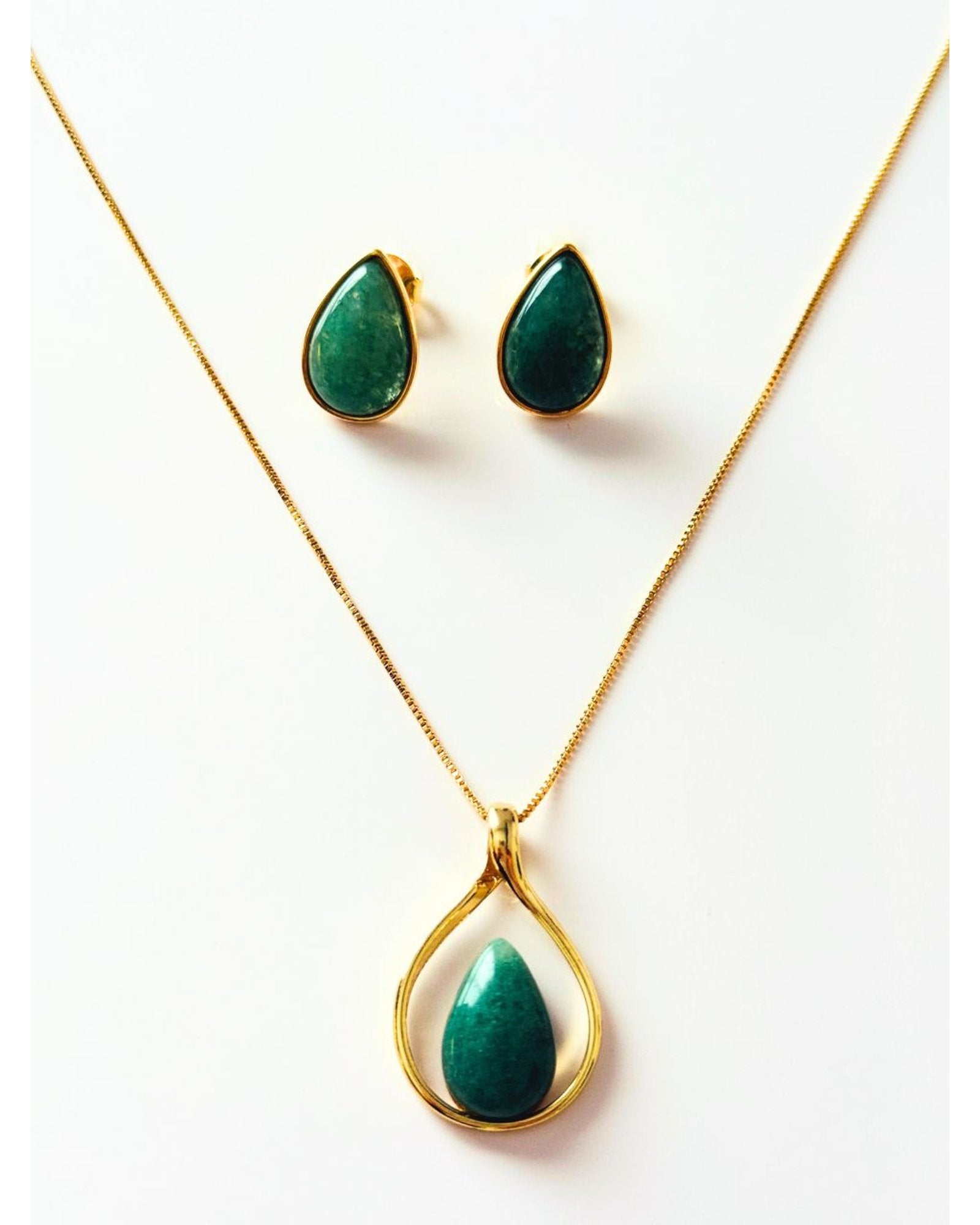 Conjunto colar e brinco Gota vazado Quartzo Verde Semijoia