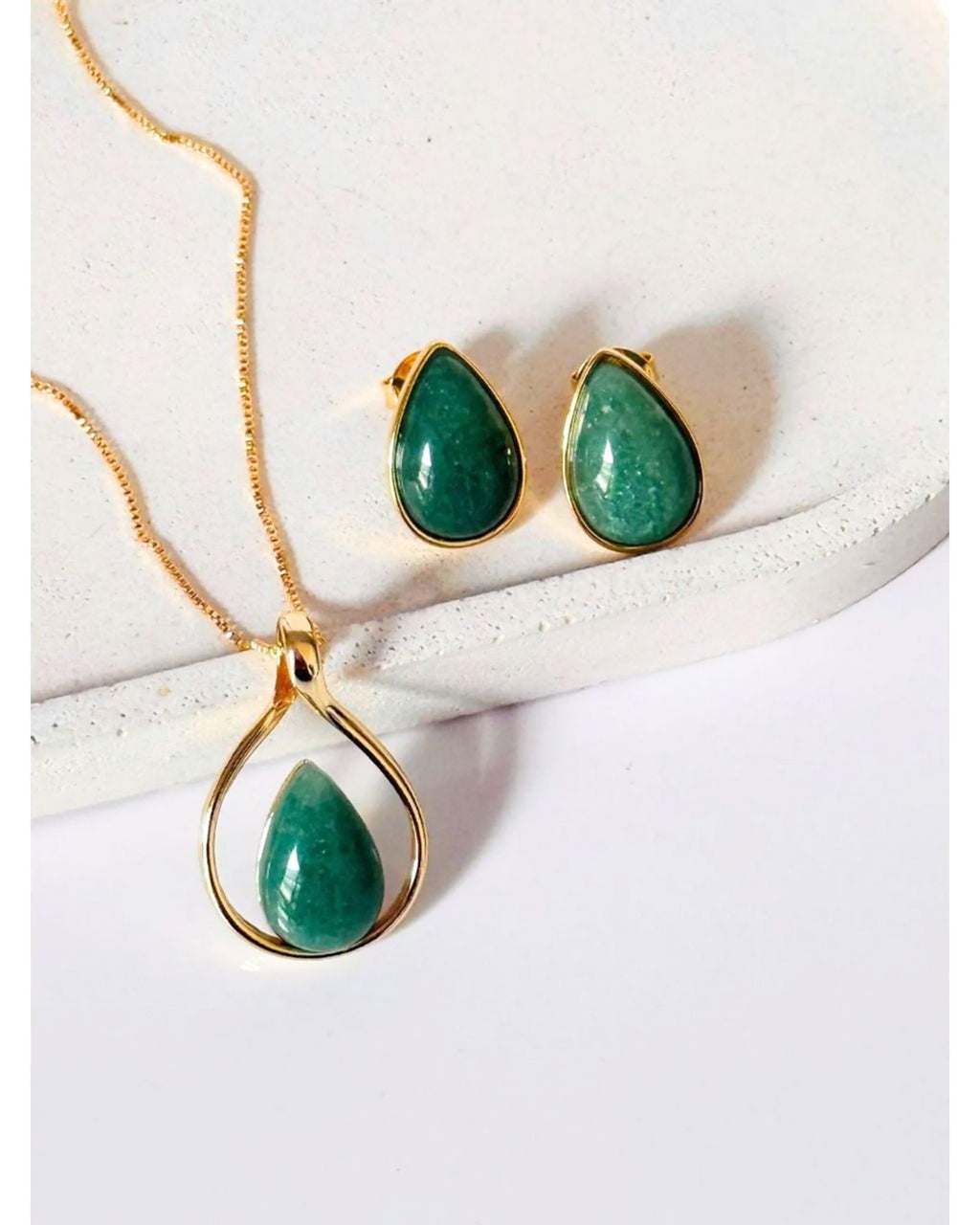 Conjunto colar e brinco Gota vazado Quartzo Verde Semijoia