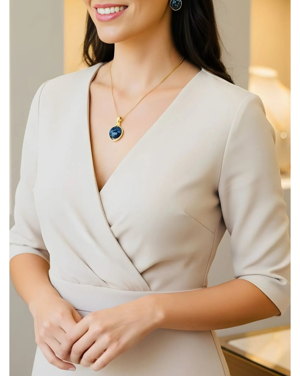 Conjunto Colar e Brinco Gota Invertida SODALITA Ouro semijoia