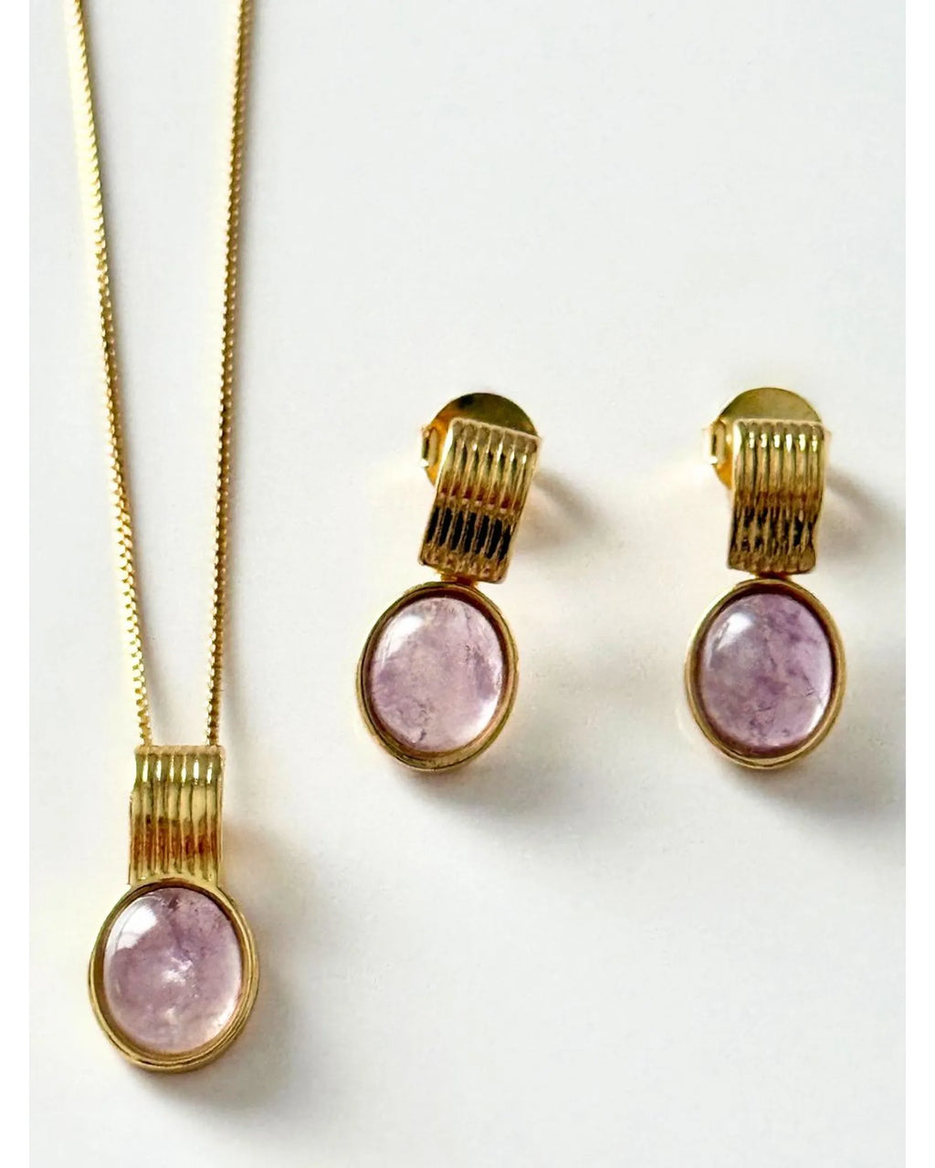 Conjunto Colar e Brinco Oval Ametista Ouro semijoia
