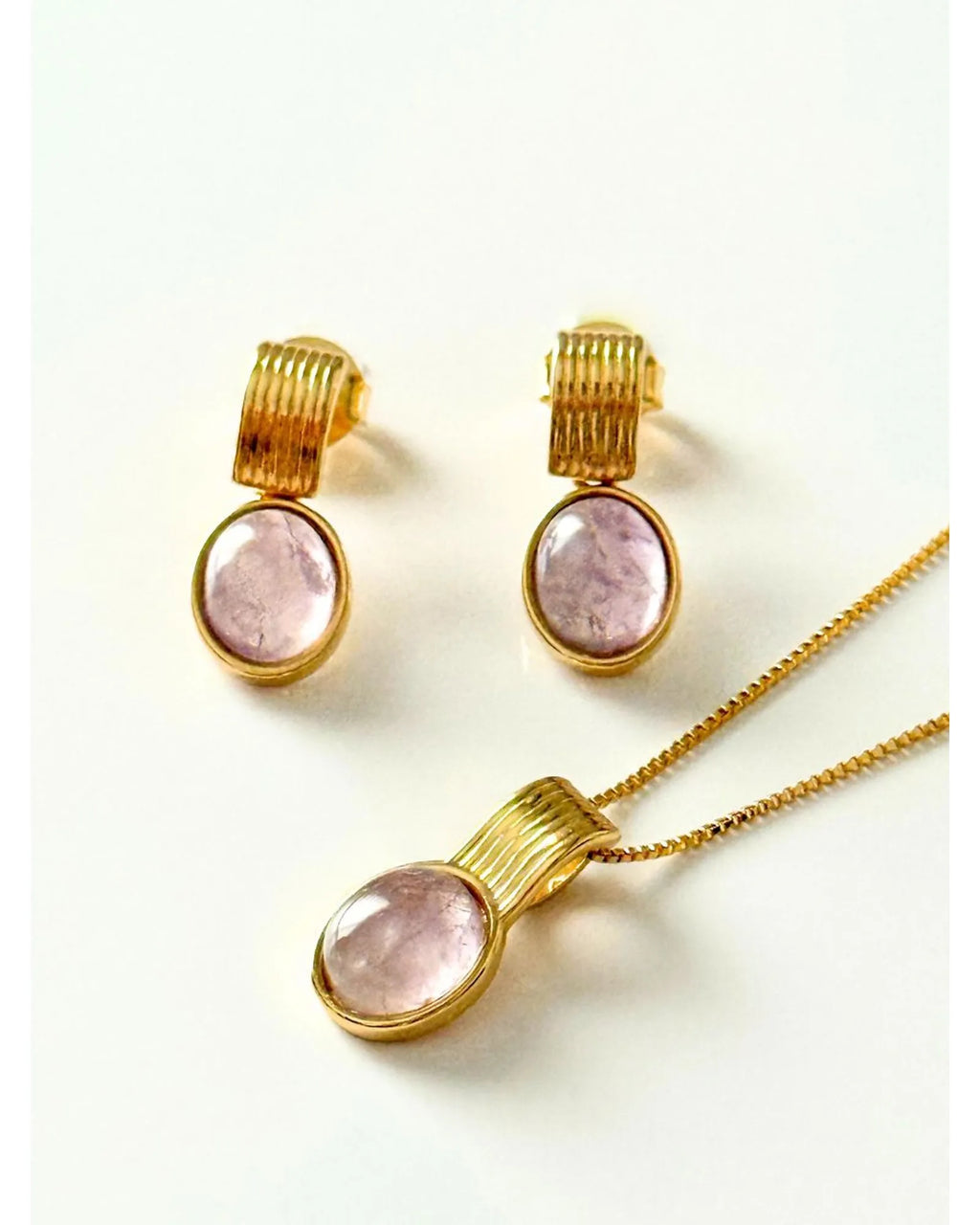Conjunto Colar e Brinco Oval Ametista Ouro semijoia