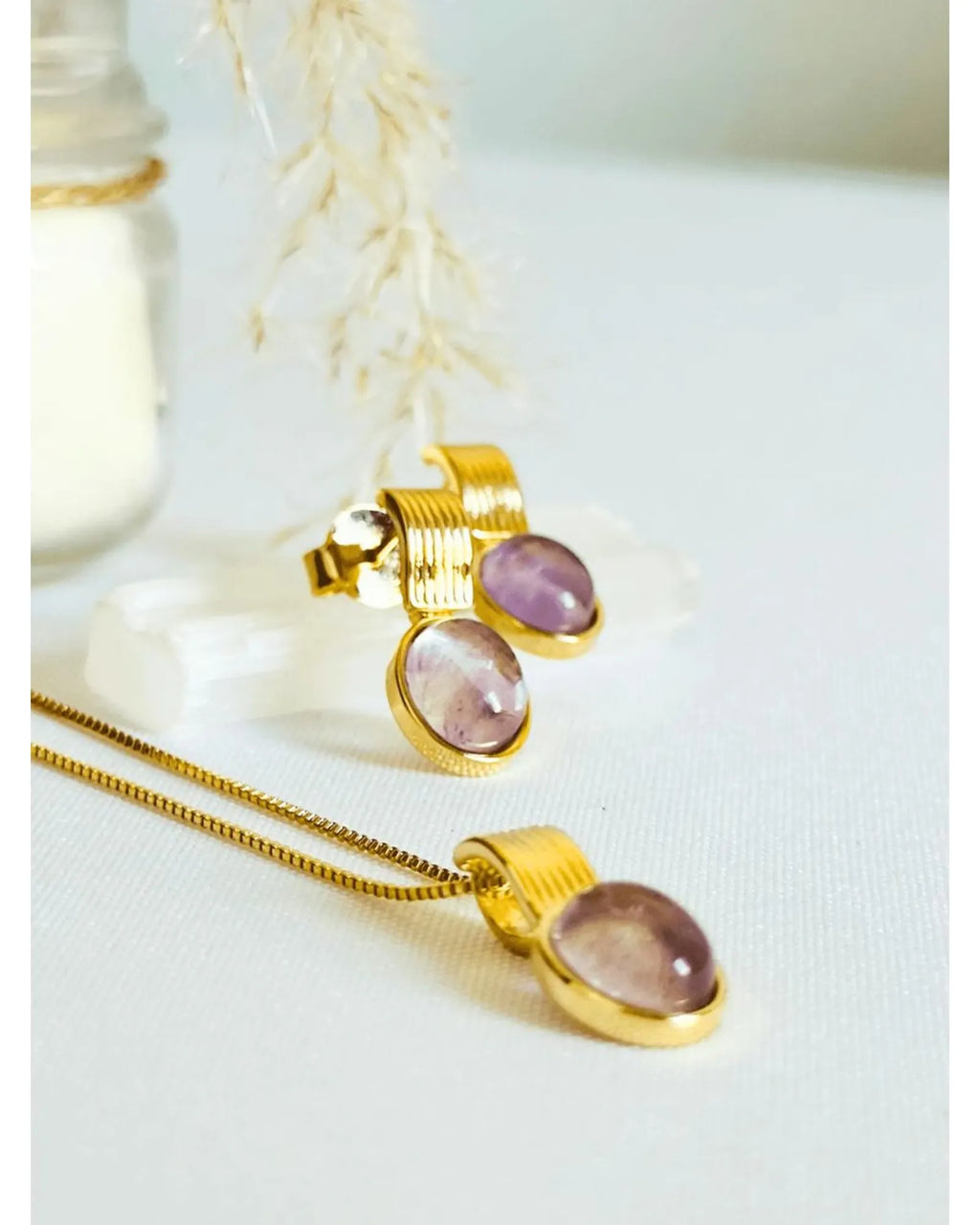 Conjunto Colar e Brinco Oval Ametista Ouro semijoia
