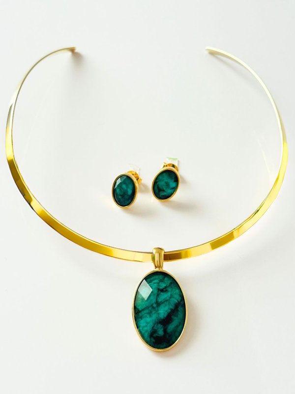 Conjunto Choker Aro liso Colar e Brinco Oval Esmeralda Ouro Semijoia