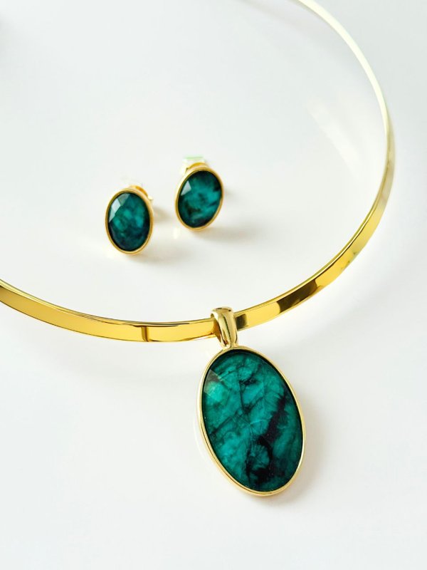 Conjunto Choker Aro liso Colar e Brinco Oval Esmeralda Ouro Semijoia