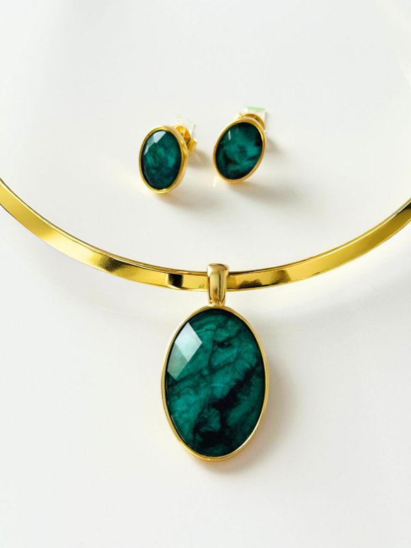 Conjunto Choker Aro liso Colar e Brinco Oval Esmeralda Ouro Semijoia