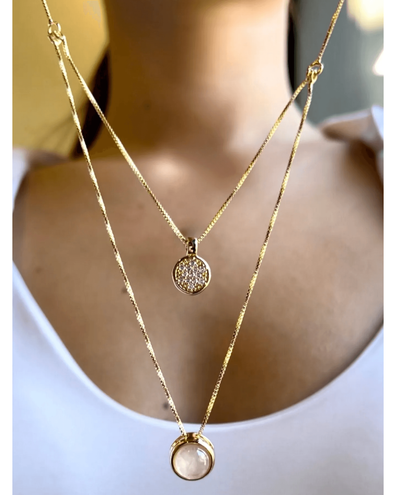 Conjunto Brinco e Colar Duplo QUARTZO ROSA Ouro Semijoia