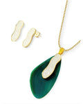 Conjunto Colar e Brinco Ágata verde com Selenita Ouro Semijoia