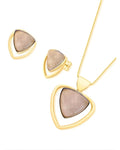 Conjunto Colar e Brinco Triangular Quartzo Rosa Ouro Semijoia