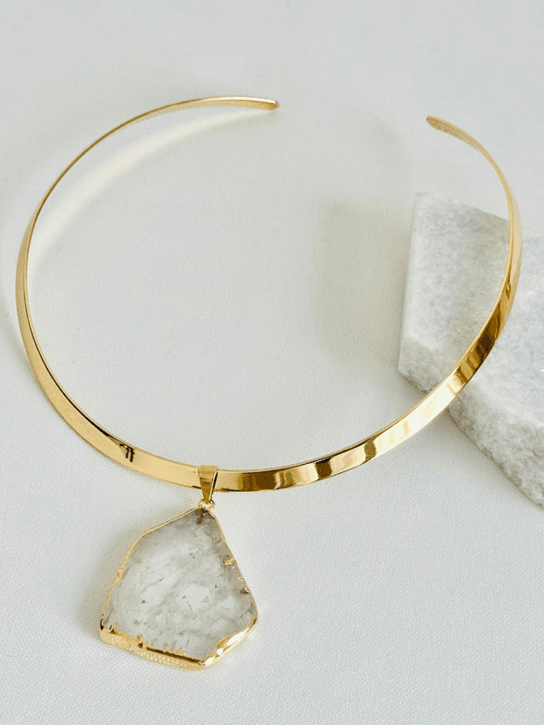 Colar Choker Aro Liso Slice Cristal de Rocha - Ouro Semijoia