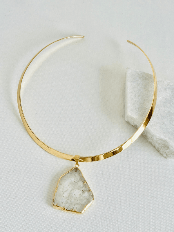 Colar Choker Aro Liso Slice Cristal de Rocha - Ouro Semijoia