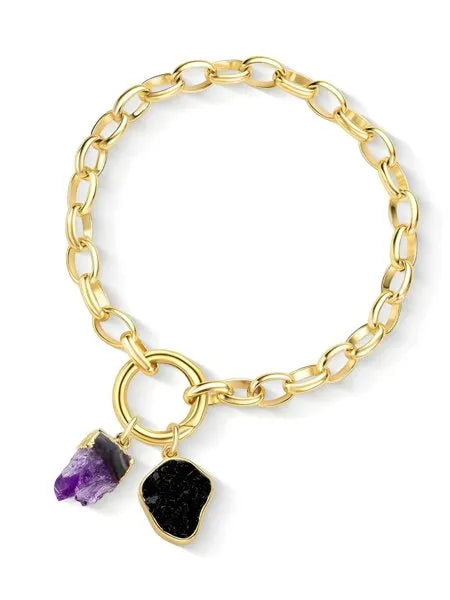 Pulseira Elo Drusa de Ametista e Turmalina Negra Ouro Semijoia