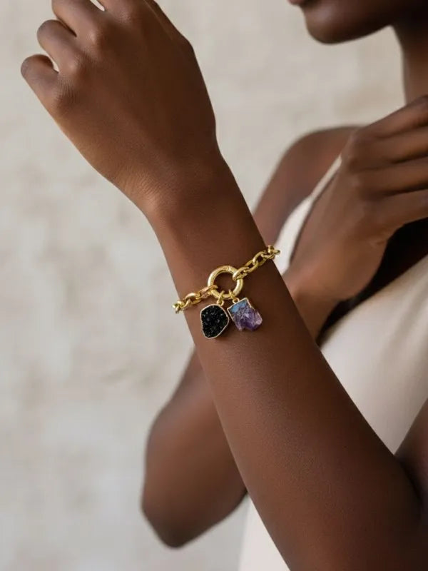 Pulseira Elo Drusa de Ametista e Turmalina Negra Ouro Semijoia