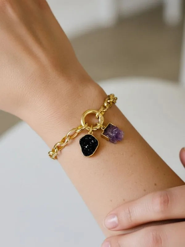 Pulseira Elo Drusa de Ametista e Turmalina Negra Ouro Semijoia