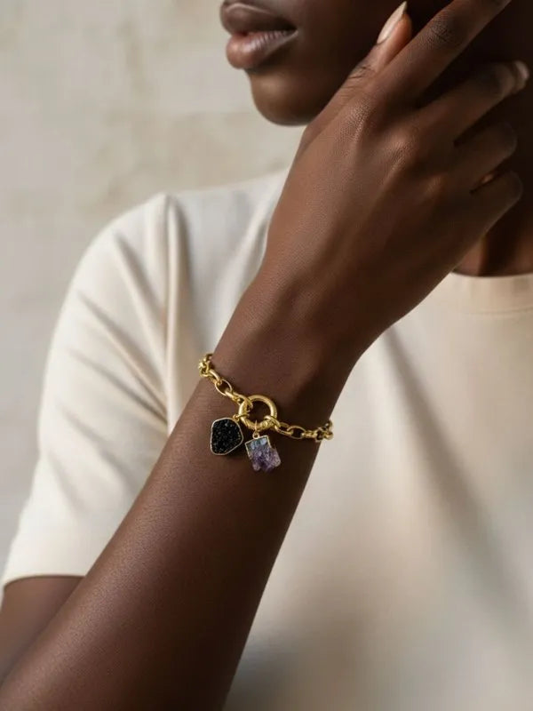 Pulseira Elo Drusa de Ametista e Turmalina Negra Ouro Semijoia